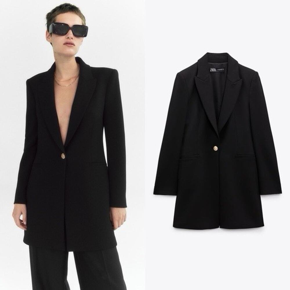 Zara Long Black One Button XS Fitted Suit Jacket Blazer Classic Officewear